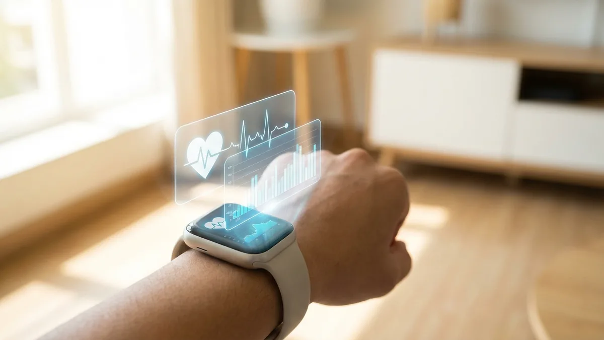 Futuristisches KI-Gesundheits-Dashboard, das über einer Smartwatch schwebt