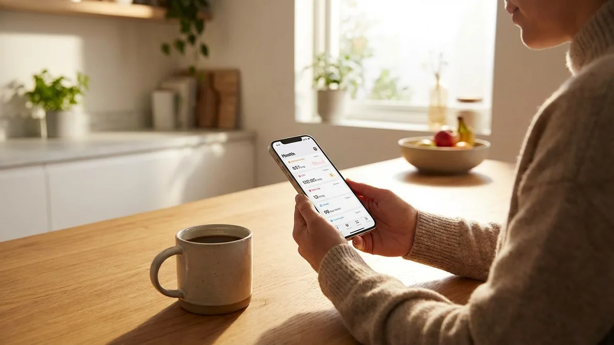 Person überprüft die iPhone-Gesundheits-App beim Morgenkaffee