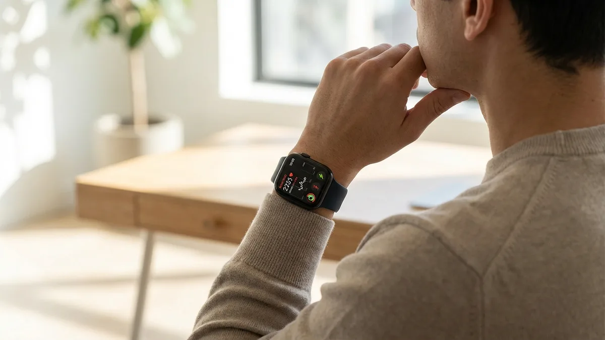 Person schaut auf Apple Watch Gesundheitsdaten in einem modernen Büro