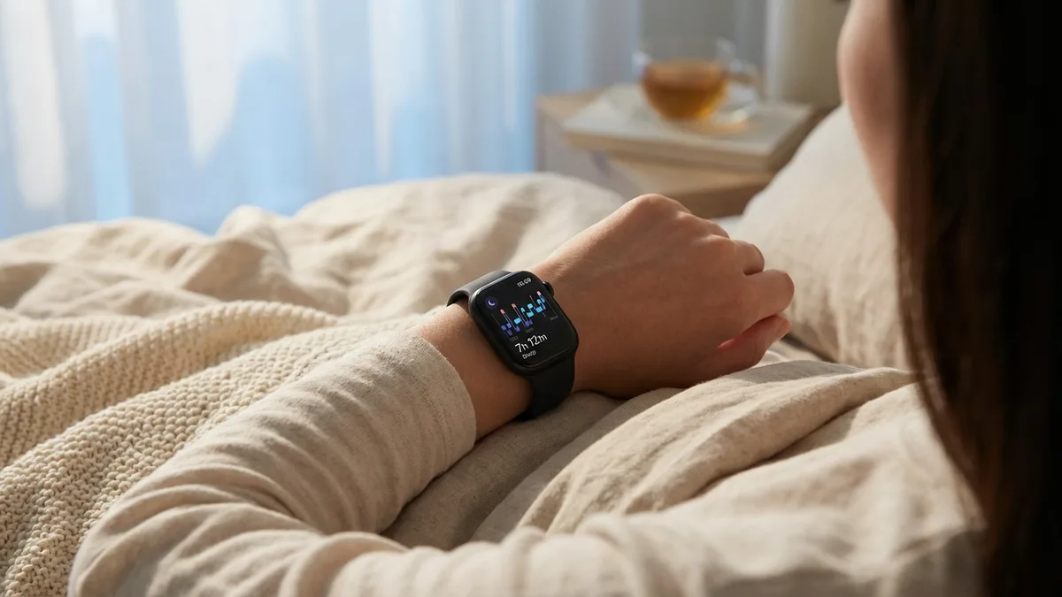 Apple Watch en la muñeca en la cama, luz de la mañana, concepto de monitoreo de sueño