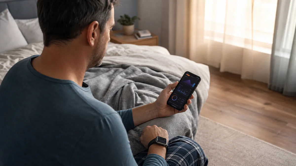 Erwachsener betrachtet auf dem iPhone die mit der Apple Watch erfassten Schlaf- und Erholungstrends