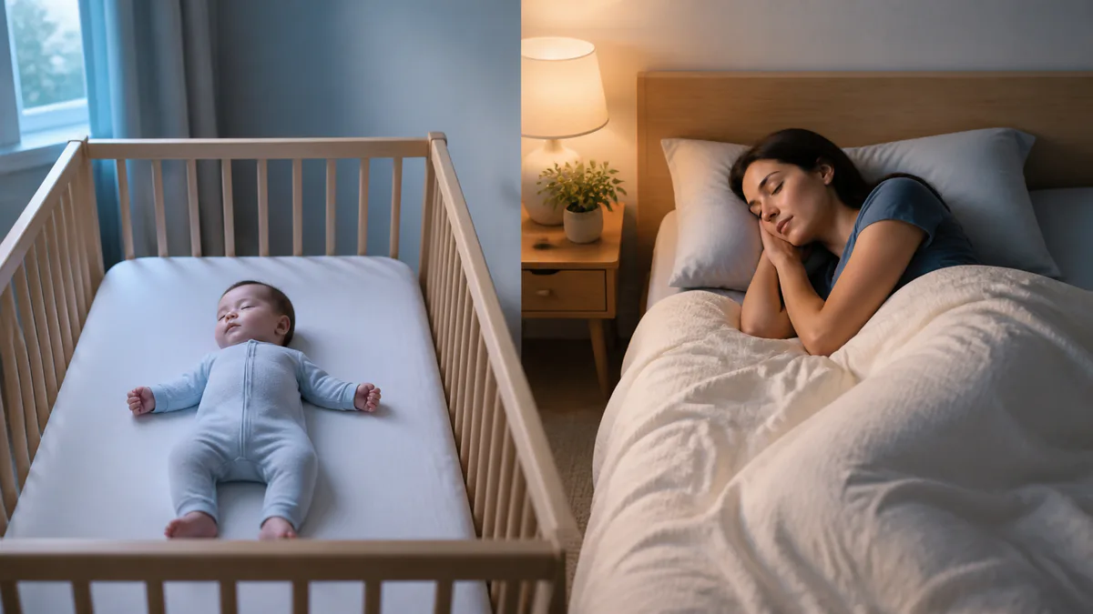 Schlafendes Baby und schlafende Erwachsene in einer ruhigen Gegenüberstellung verschiedener Lebensphasen