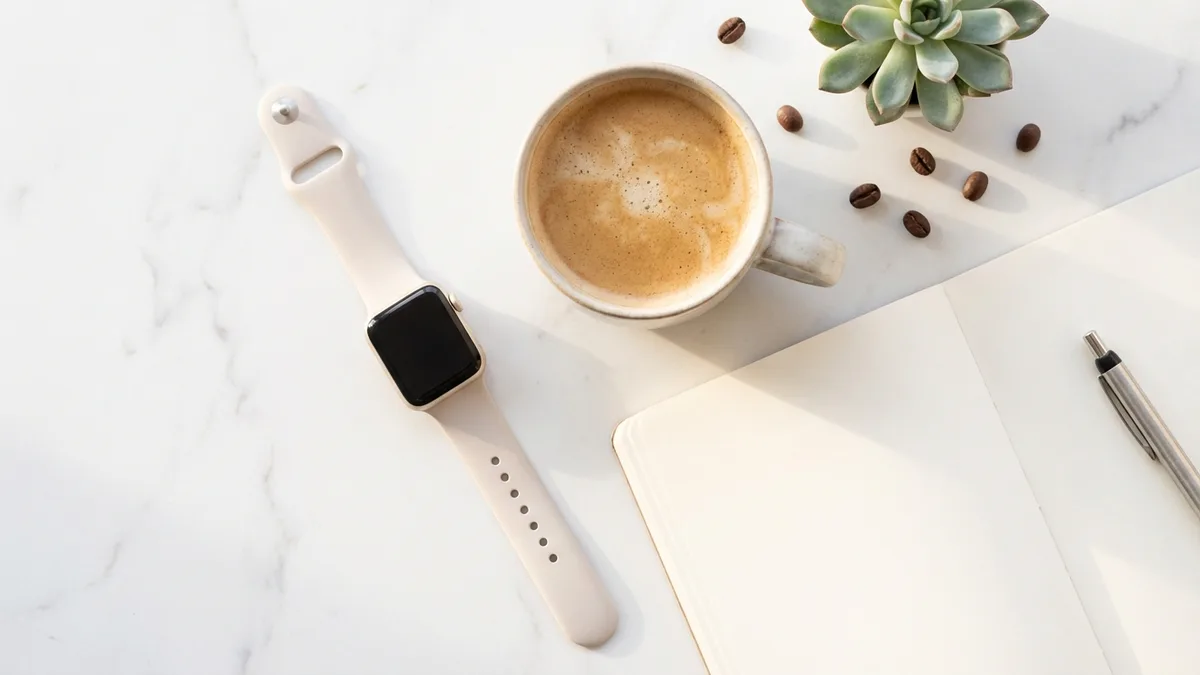 Apple Watch en la muñeca junto a un café matutino y un cuaderno