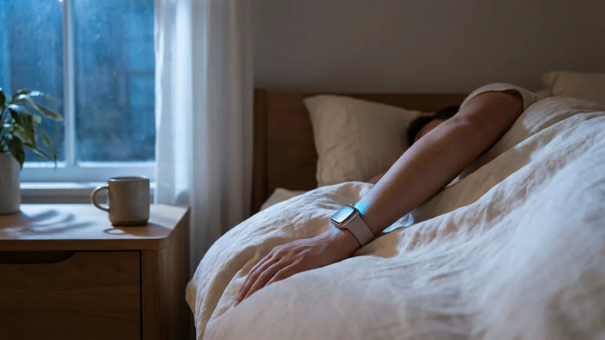 Person sleeping peacefully in minimalist bedroom with Apple Watch glowing softly on wrist