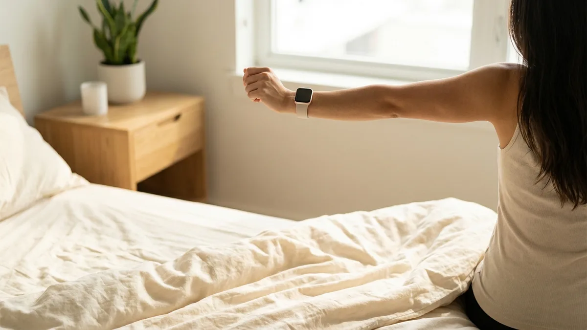Person waking up refreshed and stretching in morning sunlight with Apple Watch on wrist