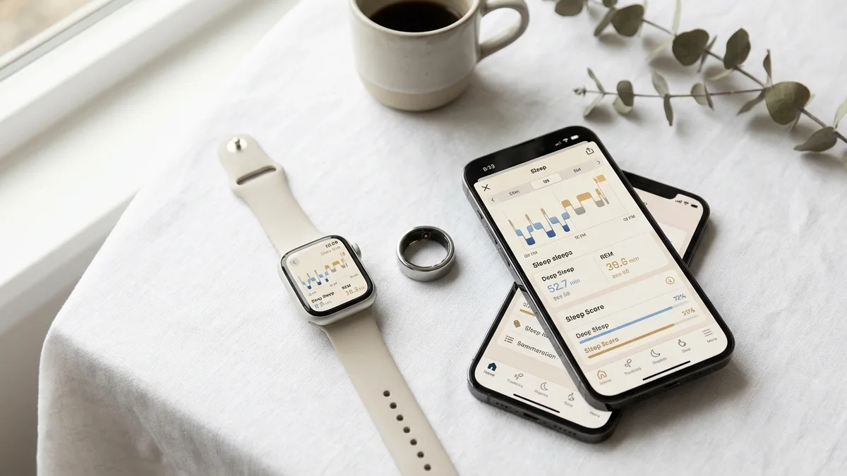 Flat lay comparison of smartwatch, smart ring, and iPhone showing sleep data