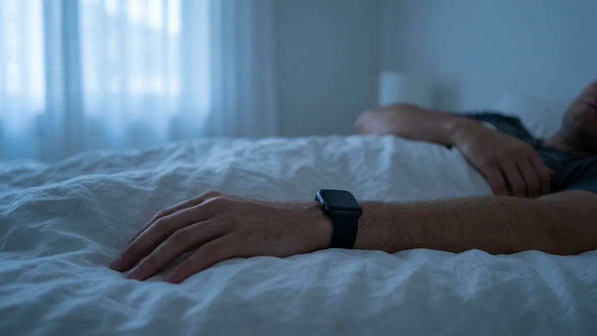 Person sleeping peacefully in a dim bedroom under soft blue moonlight with Apple Watch on wrist
