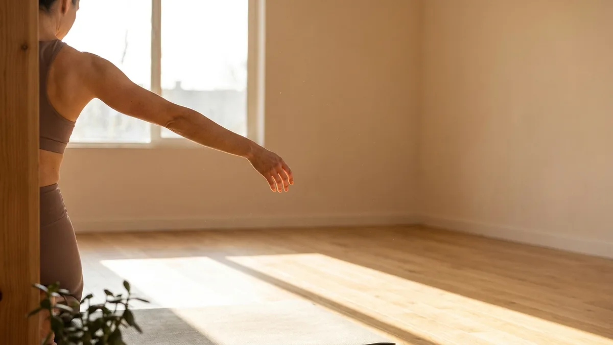 Athlete stretching in a bright home gym in morning light