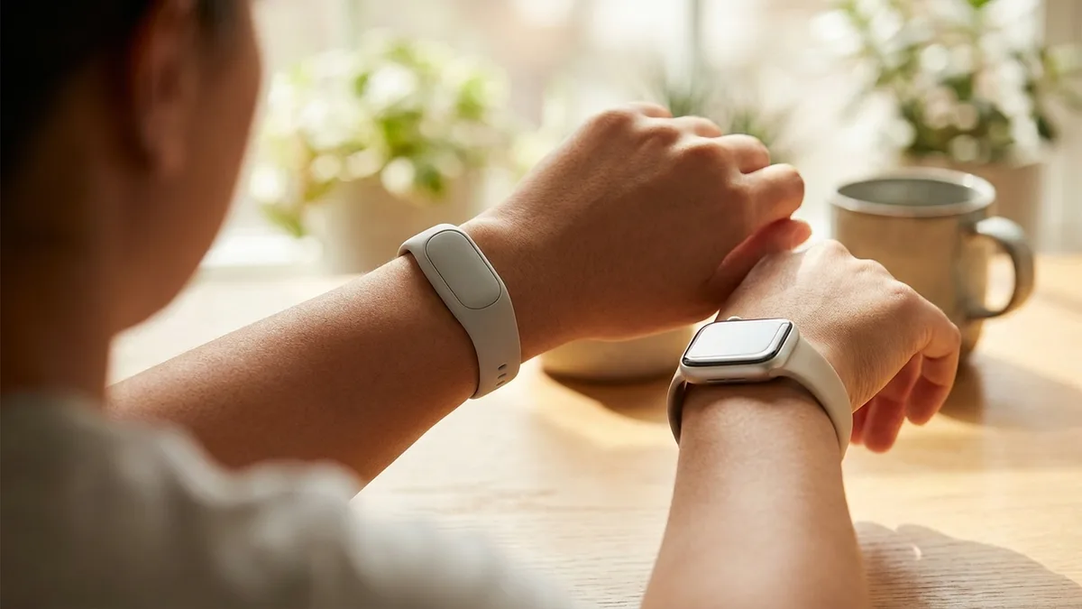 Mažas fitneso trekeris be ekrano ant vienos rankos, šalia Apple Watch ant kitos — Fitbit Air apžvalgos palyginimas