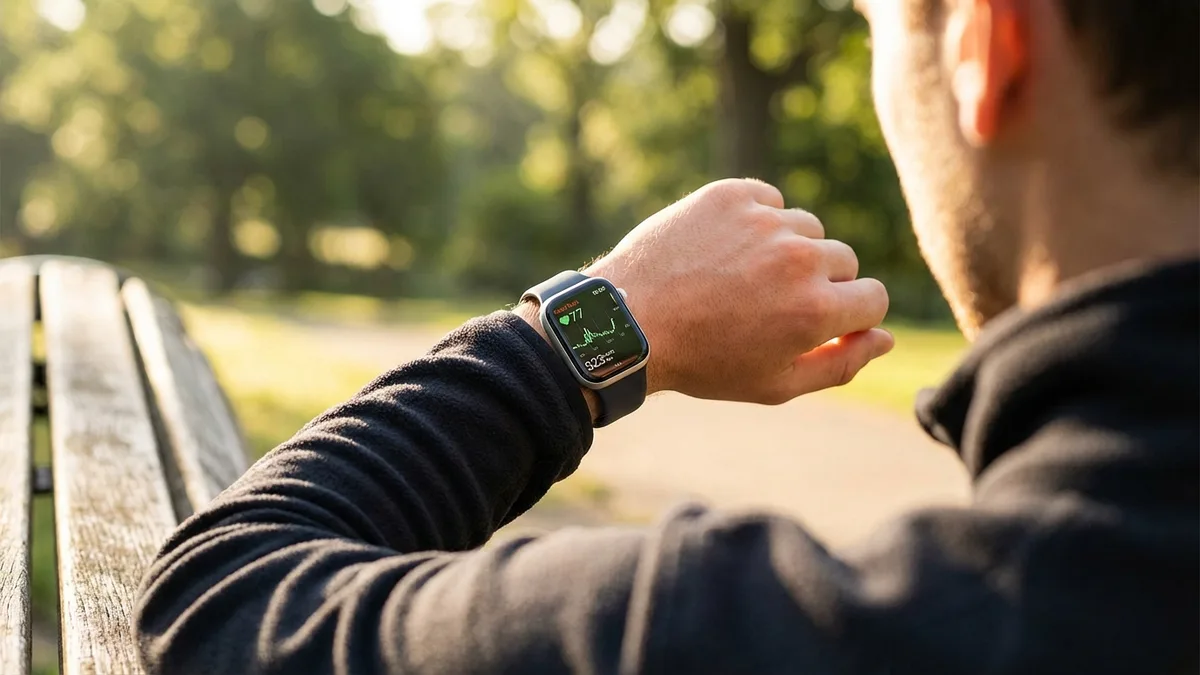 Person checking Apple Watch heart rate data on a park bench in morning light