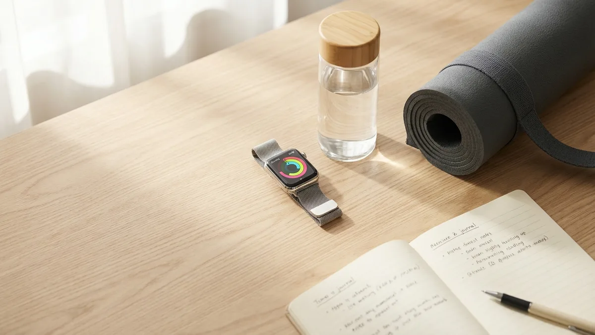 Flat lay of Apple Watch, water bottle, yoga mat and journal on wooden desk
