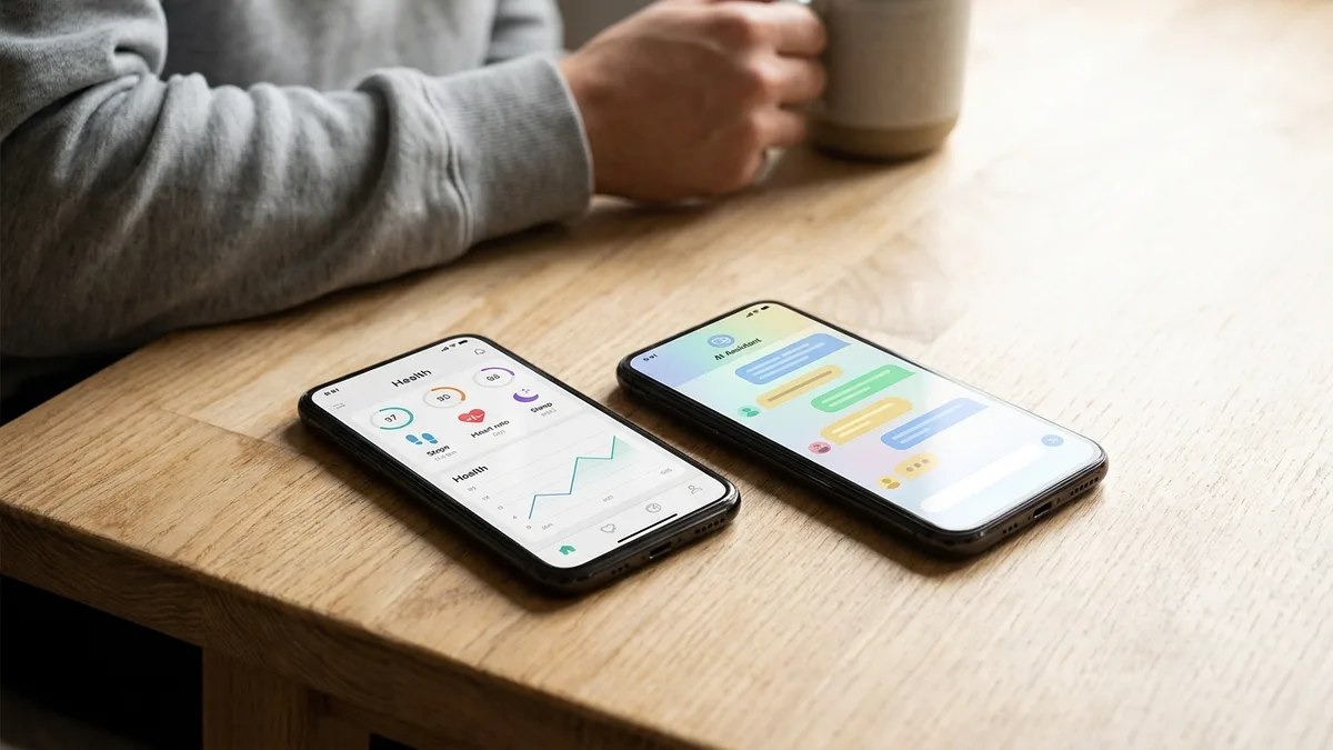 Dos móviles uno al lado del otro comparando paneles de salud y una interfaz de asistente de IA — google health vs apple health