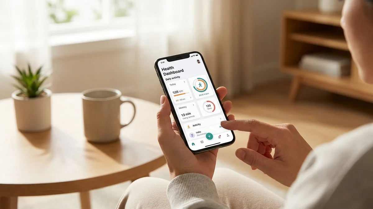Persona sosteniendo un iPhone que muestra un panel de salud y fitness, ilustrando la nueva app Google Health