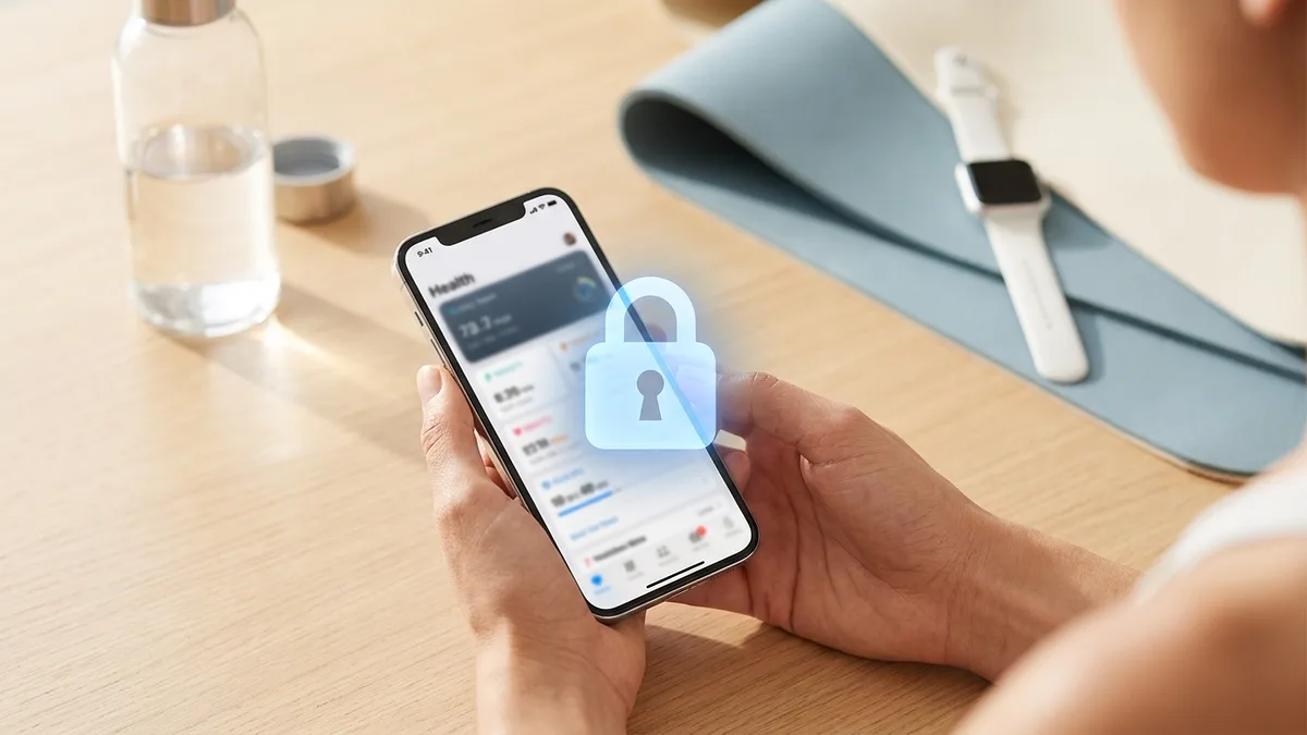 Ilustración conceptual de privacidad y protección de datos de salud con un iPhone y un candado