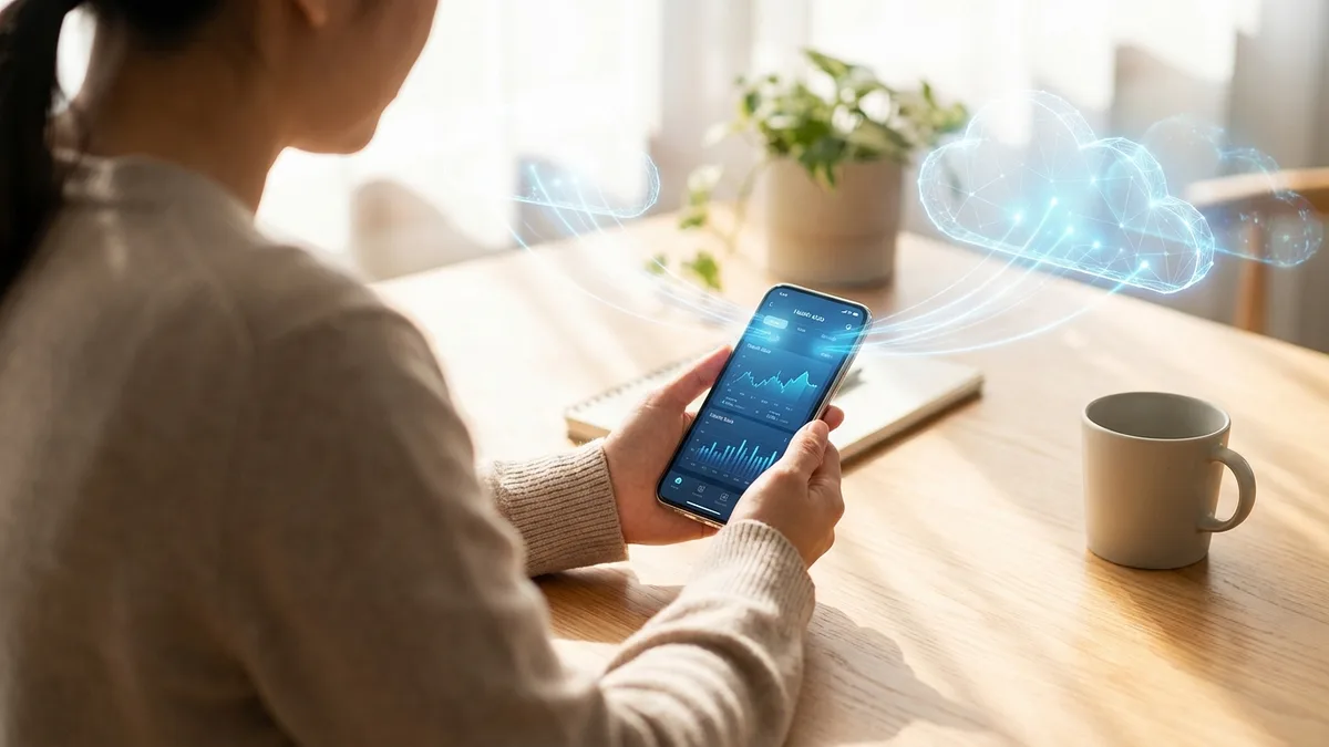 Person looking at health data on smartphone with data flowing to the cloud