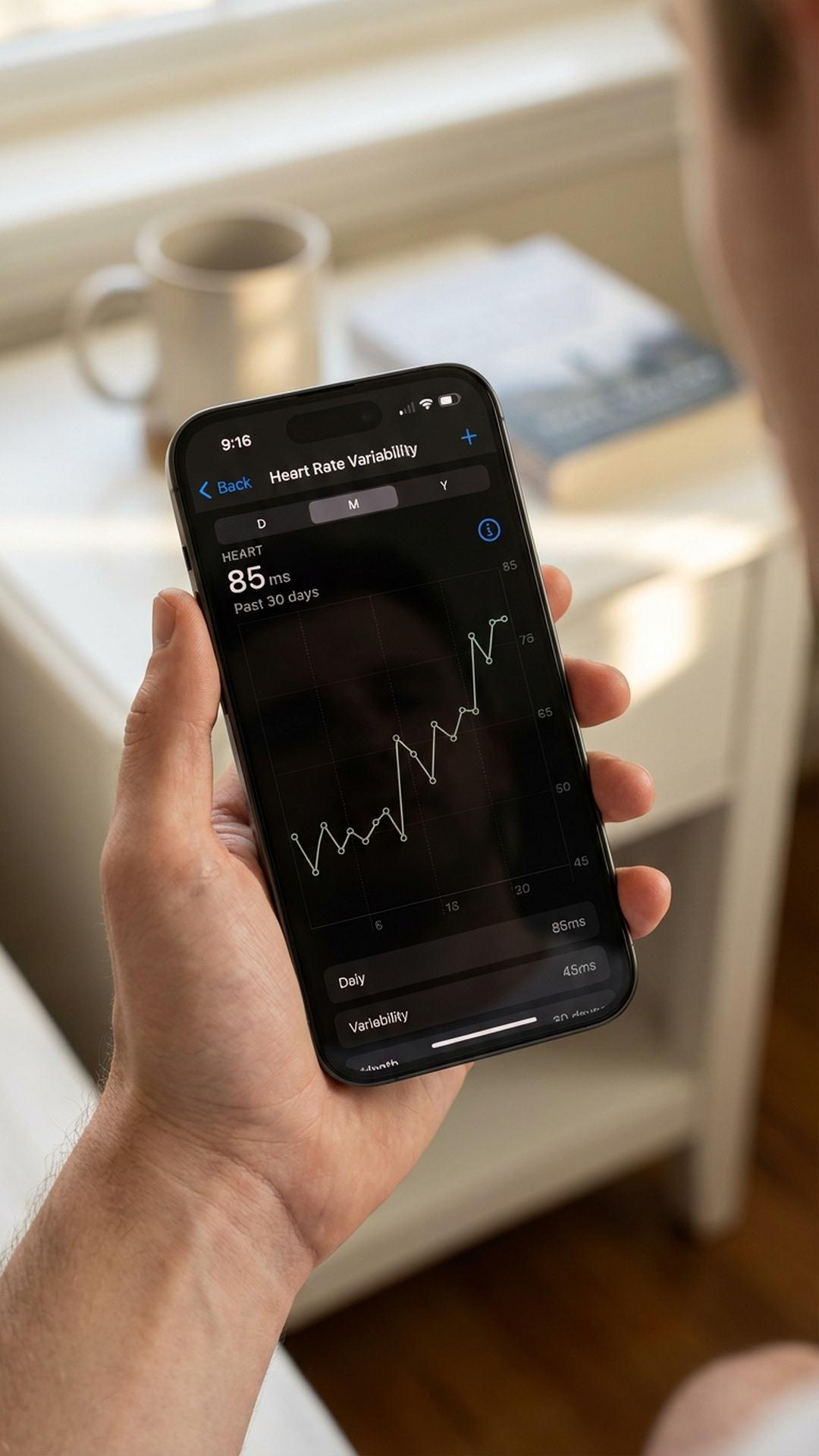 Apple Watch HRV data in the Apple Health app — a 30-day chart showing daily heart rate variability readings in milliseconds