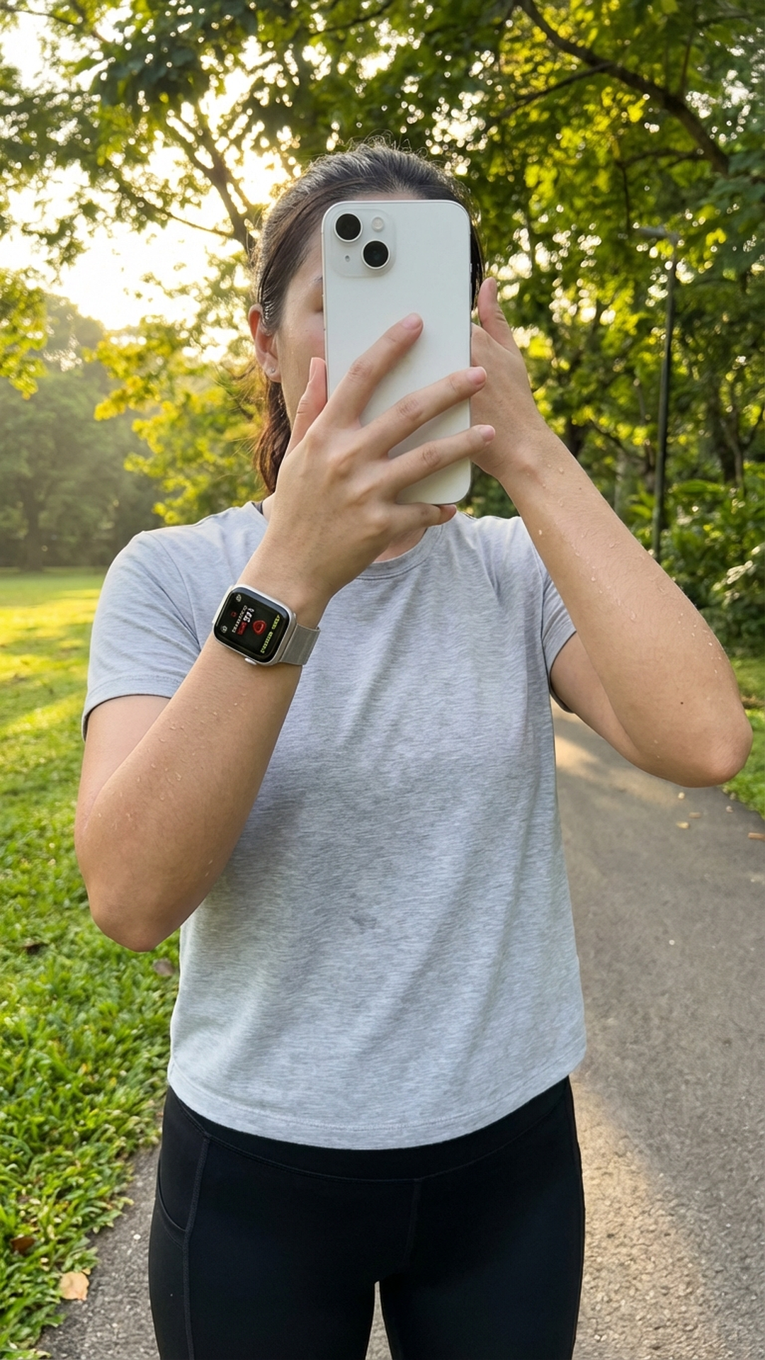 Person checking Apple Watch after a morning run, viewing heart rate and recovery metrics