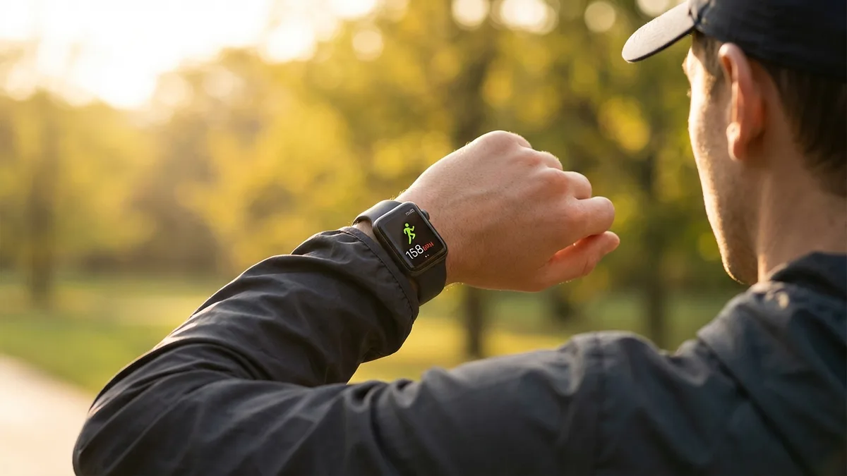 Läufer überprüft Herzfrequenzzonen auf der Apple Watch beim Laufen im Park