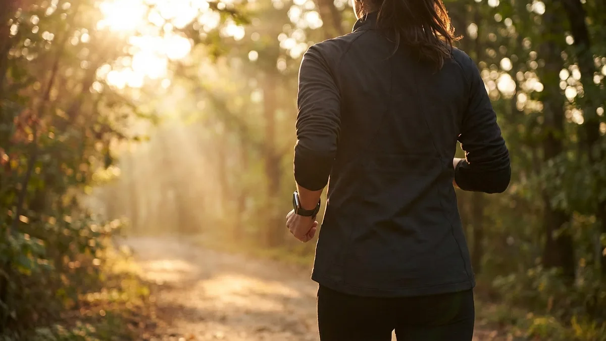 Person auf einem baumgesäumten Wanderweg bei Sonnenaufgang mit Fitnessuhr