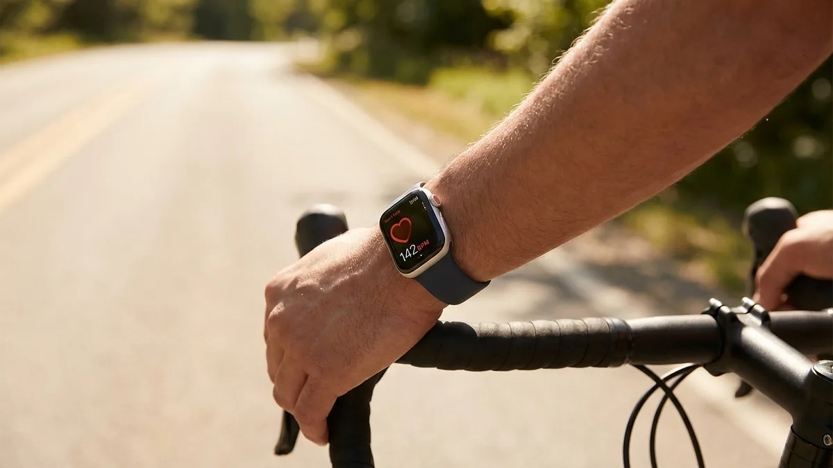 Radfahrer überprüft Herzfrequenzzonen auf der Smartwatch während einer Fahrt im Freien