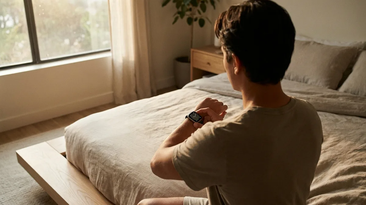 Person checking a recovery app on their smartwatch in soft morning light