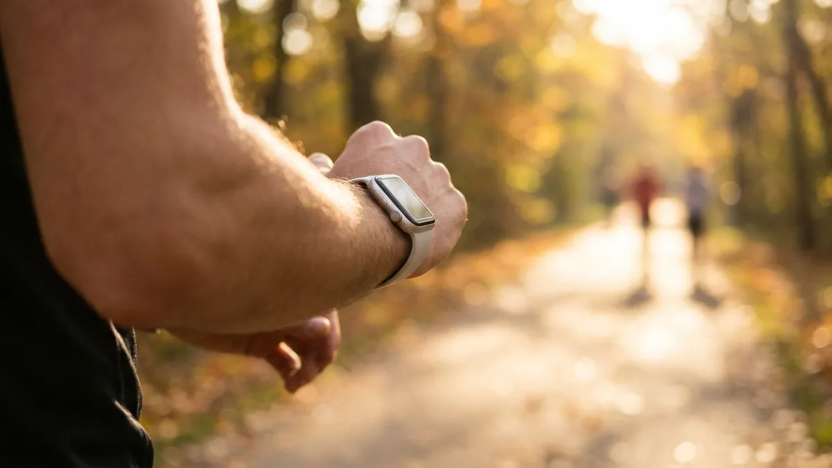 Close-up of a runner's wrist wearing a smartwatch on a tree-lined path at golden hour