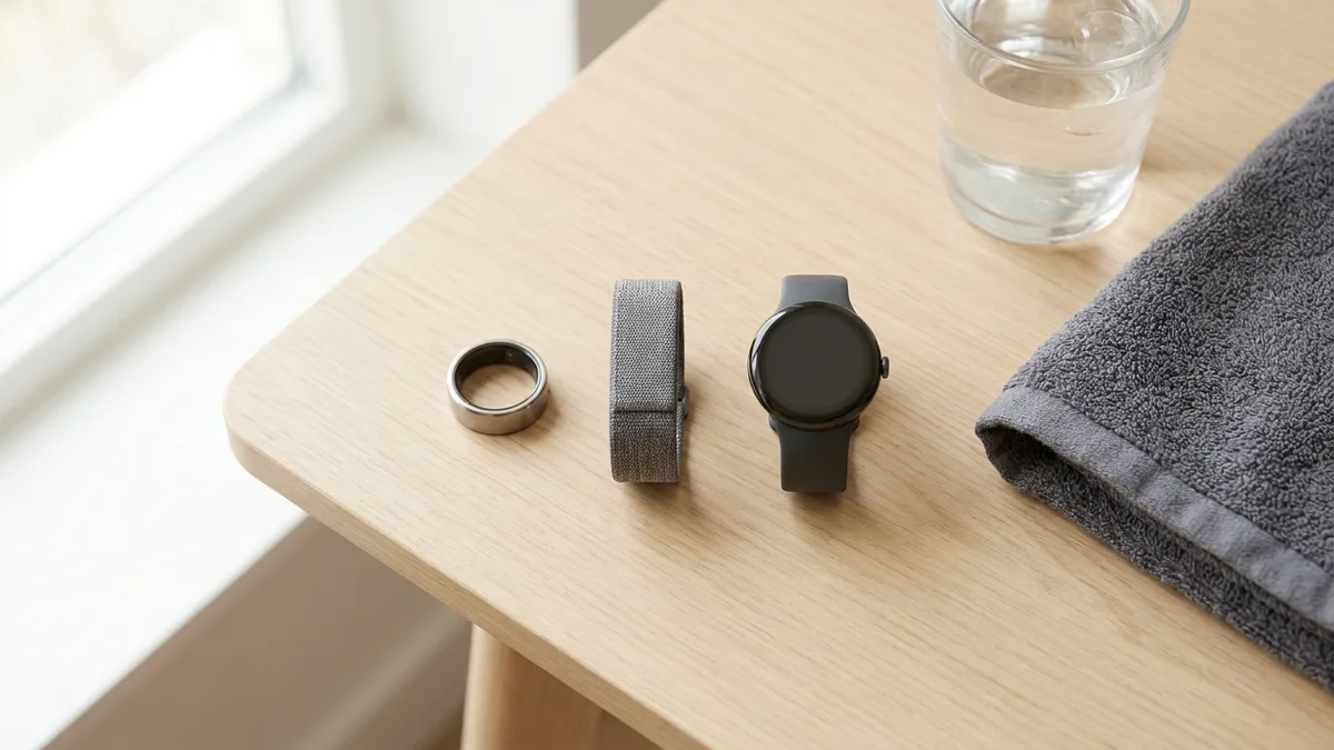 A smart ring, a fitness band and a smartwatch arranged on a wooden table — three recovery tracker form factors