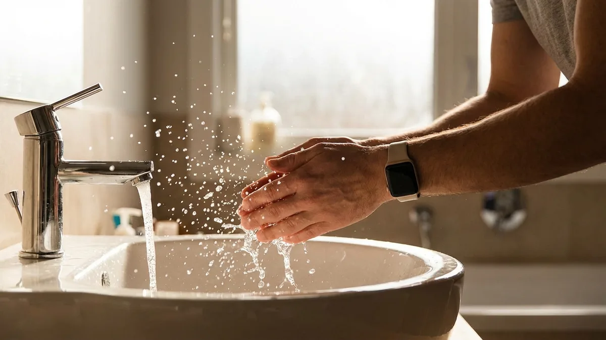 Person splashing cold water on face in the morning with Apple Watch on wrist