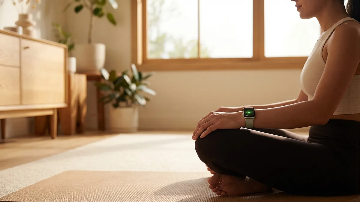 Person practicing breathwork with Apple Watch on wrist, morning light