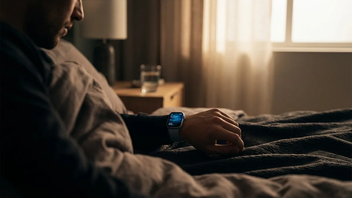 Žmogus neramiai guli lovoje ir žiūri į savo išmanųjį laikrodį