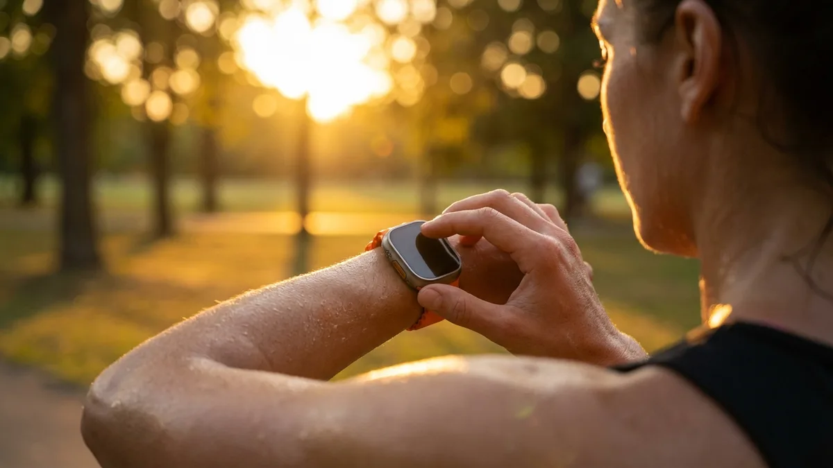 Coureur vérifiant son Apple Watch après un entraînement en intervalles
