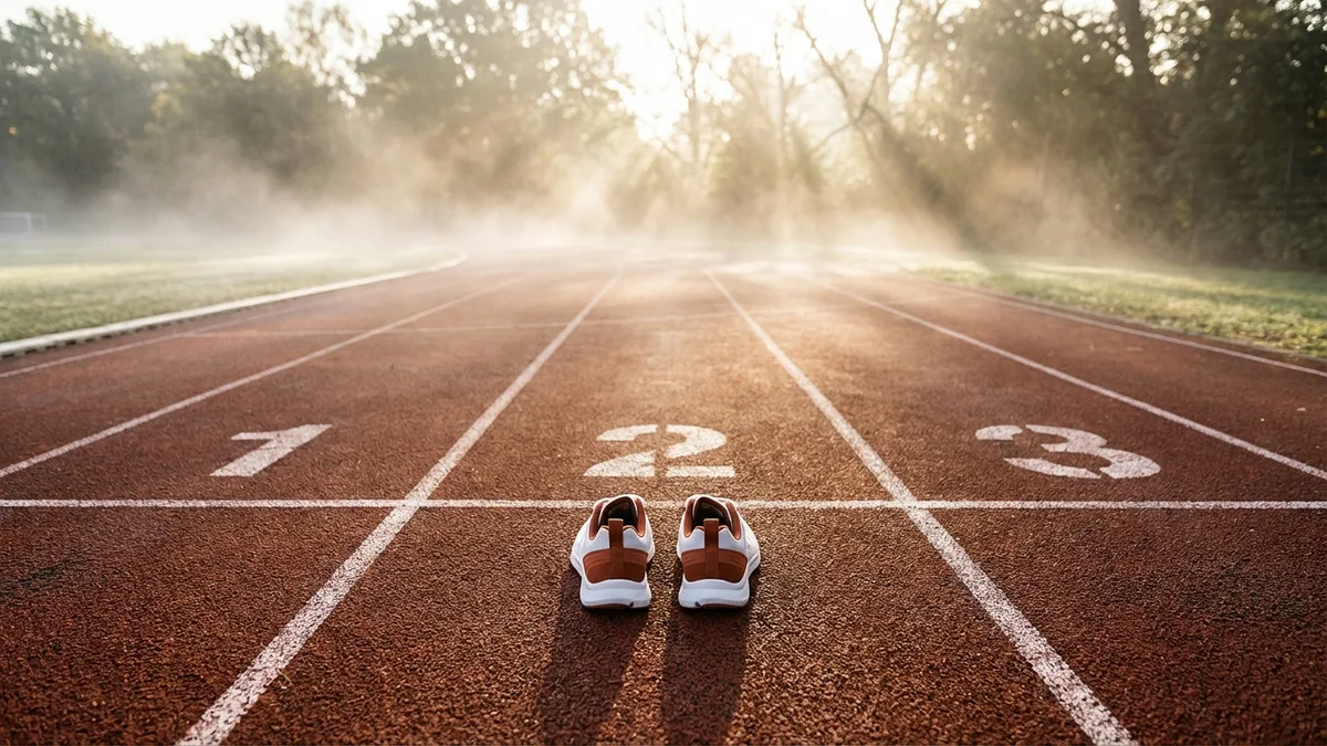 Piste de course au lever du soleil avec des chaussures de sport sur la ligne de départ