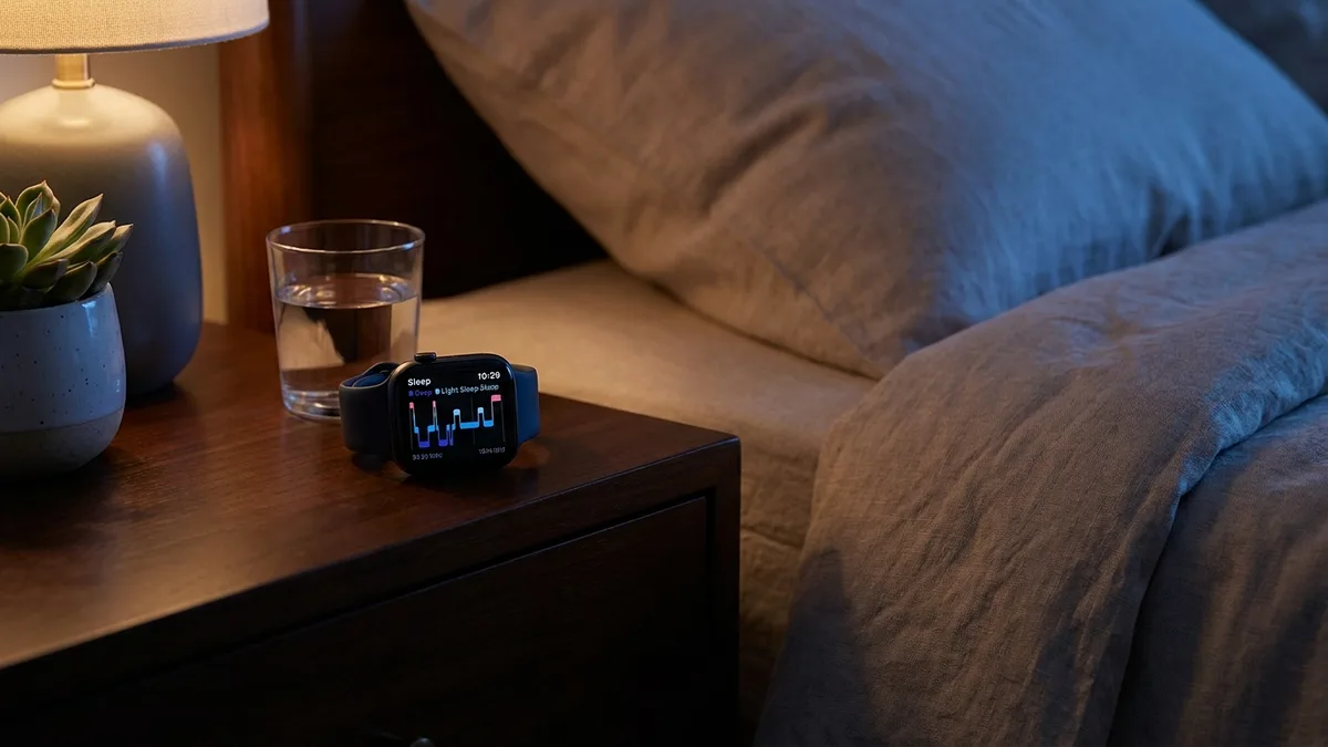 Apple Watch ant naktinio staliuko naktį rodantis miego sekimą