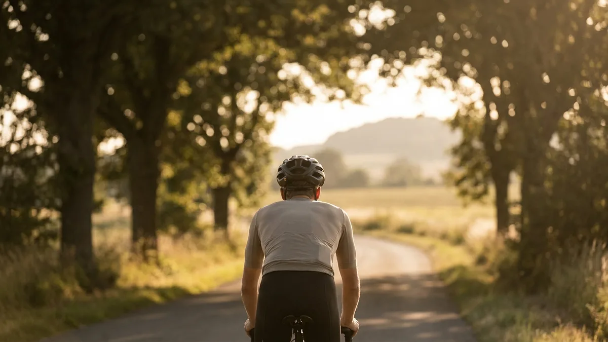 Ciclista pedaleando por una carretera rural a la hora dorada a un ritmo relajado de zone 2