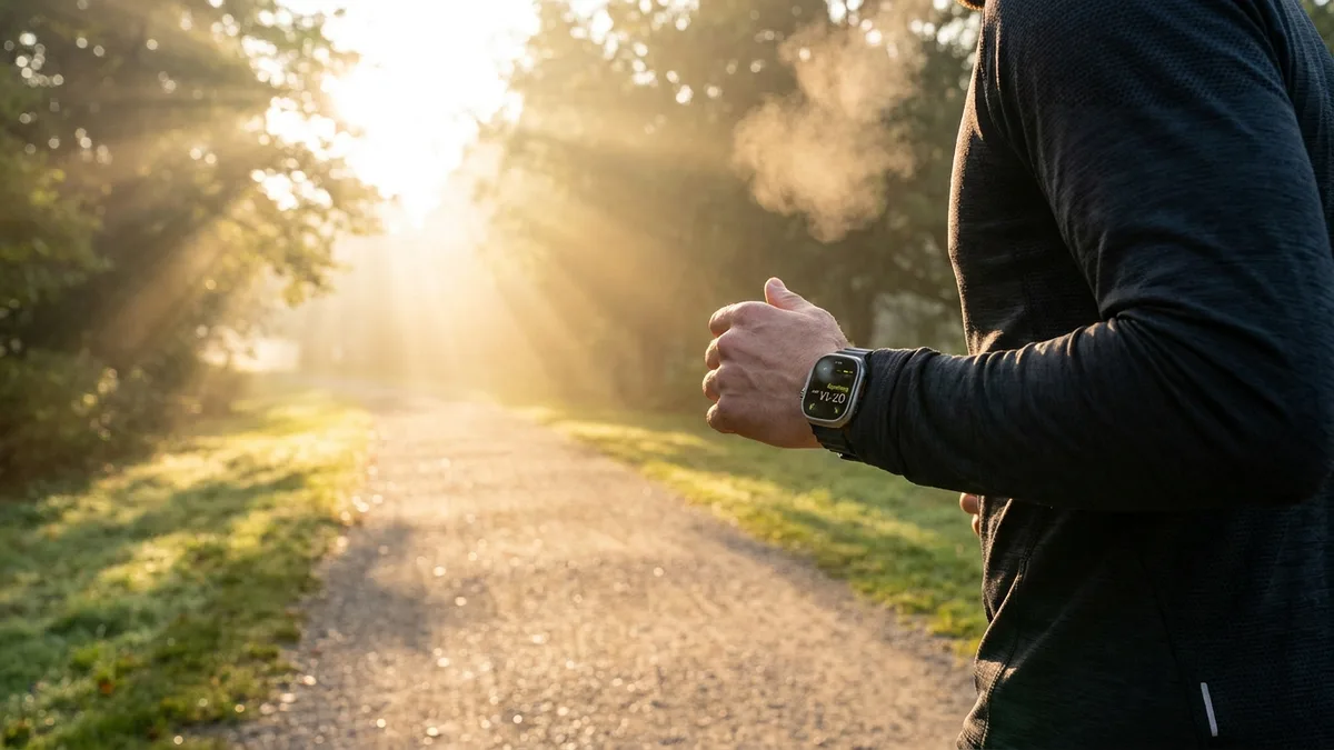 Corredor trotando al amanecer por un sendero tranquilo del parque con Apple Watch, ritmo suave y constante de cardio en zone 2