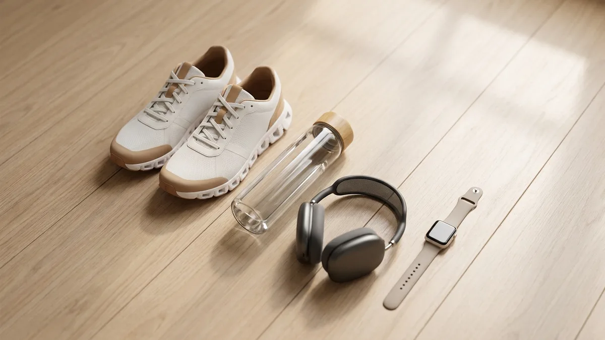 Vista cenital de zapatillas de correr, botella de agua y Apple Watch listos para un entrenamiento de cardio en zone 2
