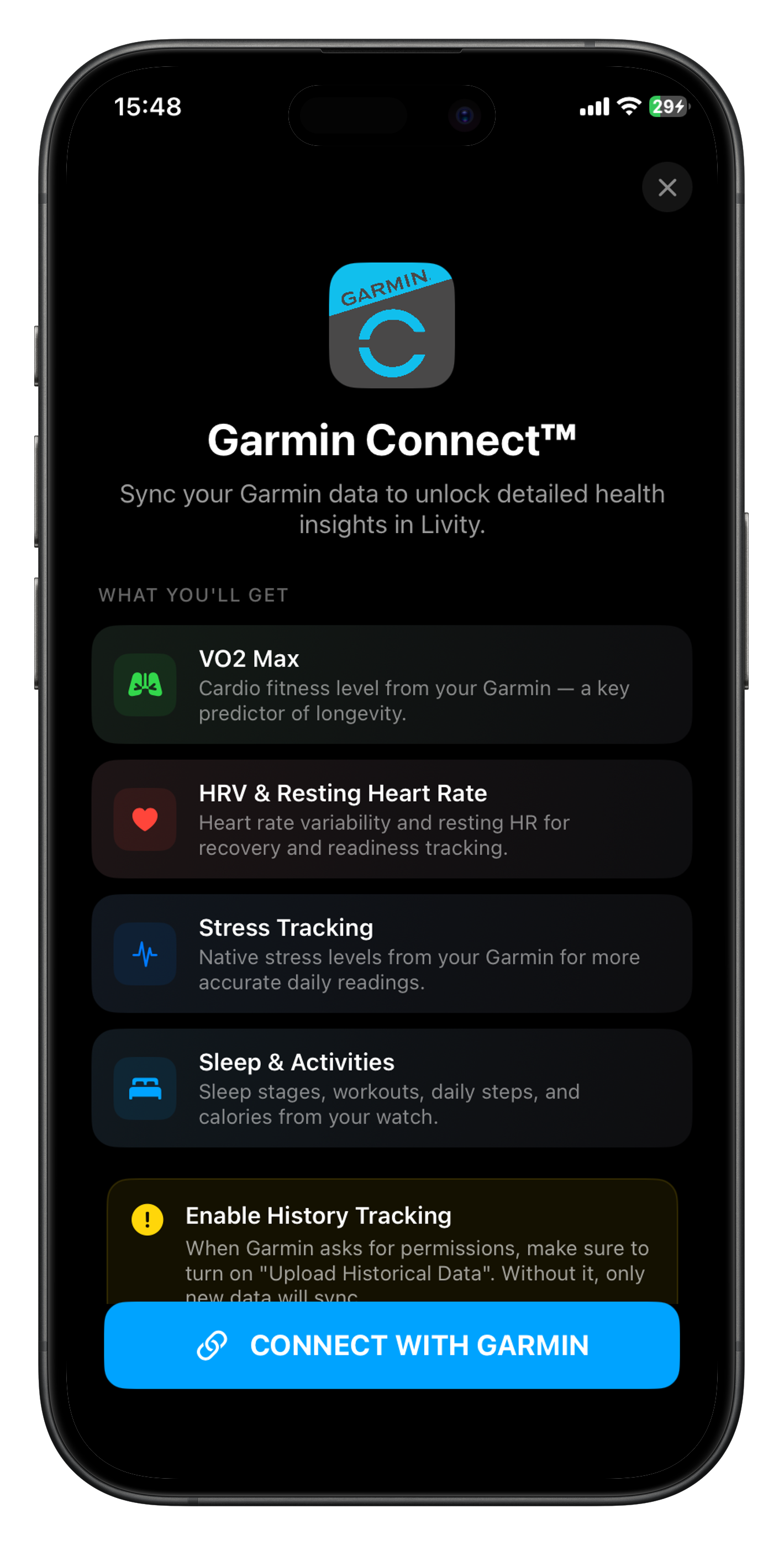 Garmin Connect integration screen showing synced health metrics