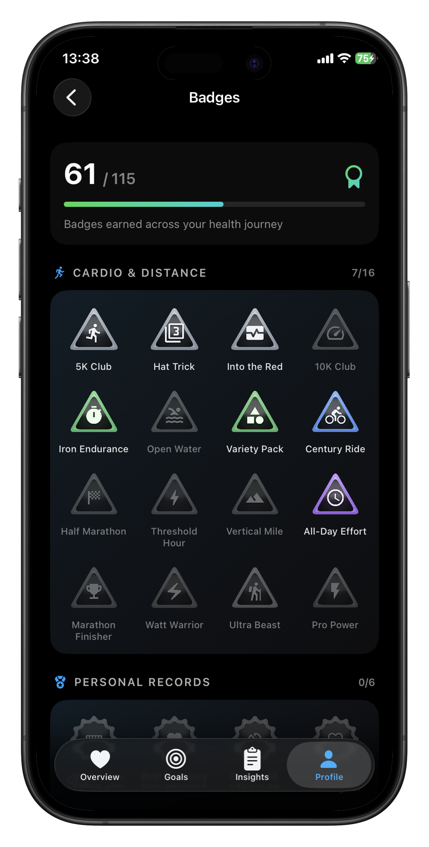 Badges hub showing earned and locked cardio achievements