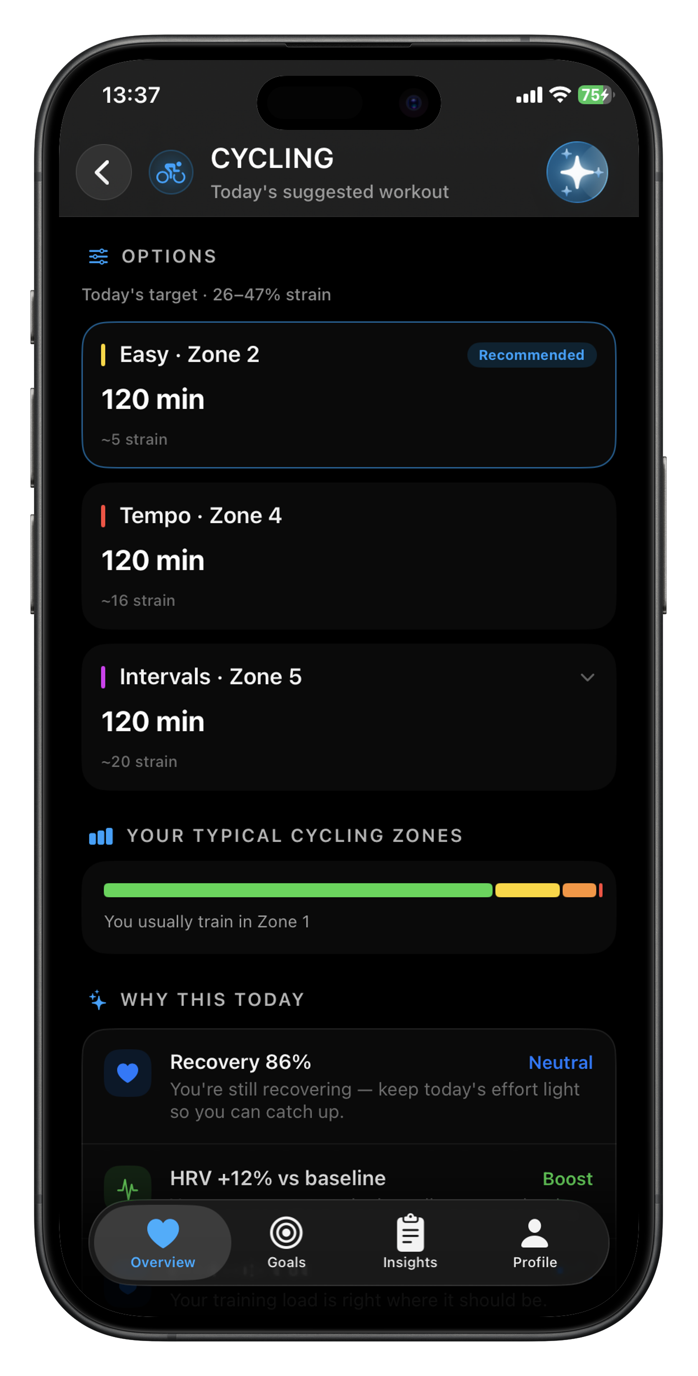 Cycling workout suggestions tailored to today's recovery and strain target